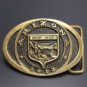 Vintage 1977 Arizona State Seal Belt Buckle Solid Brass Heritage Mint Ditat Deus
